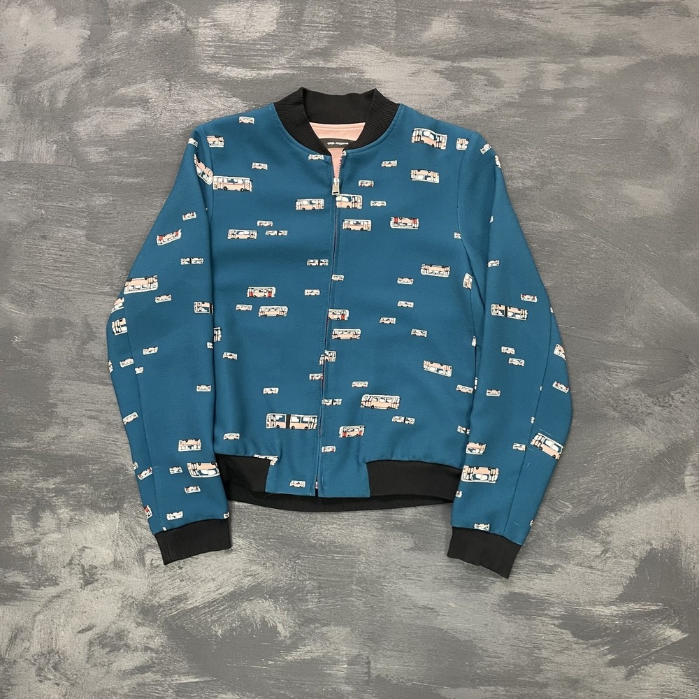 Cop Copine teal bus‎ printed bomber jacket blue womens Large zip up
